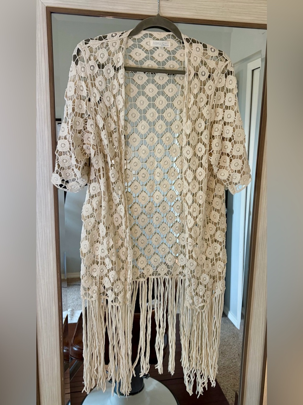 Rebellion Again Crochet Fringe Cream Colored Open Cardigan size XS